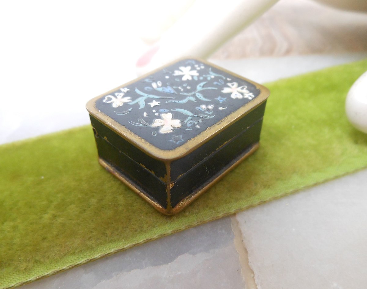 Vintage VOLUPTE Brass Enamel Small Snuff Ring Pill Box Casket Petite Tiny Flower Handpaint Jewelry Gift Mid Century, VivianJoel.com