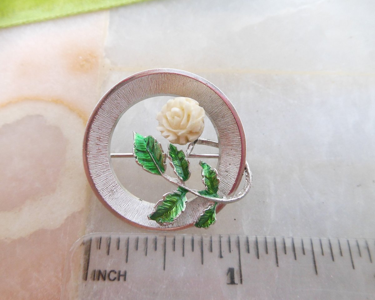 Vintage Beau STERLING SILVER Brooch Petite Flower Carved Rose Pin Green Enamel Designer 925 Mid Century Jewelry Gift, VivianJoel.com