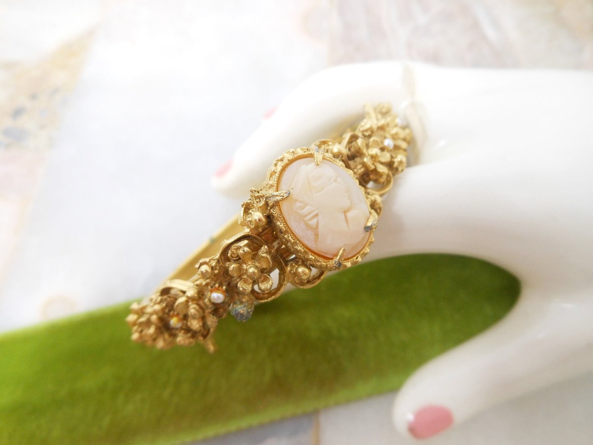 Vintage FLORENZA Victorian Revival Bracelet Clamper Cuff Cameo Pearl Ornate Designer Jewelry Mid Century *As Is*, VivianJoel.com