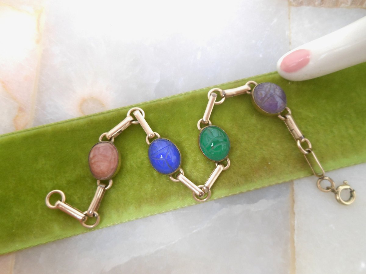 Vintage Egyptian Revival Carved Gemstone Scarab Bracelet Beetle GOLD Fill 12K GF Jewelry Gift Designer Mid Century, VivianJoel.com