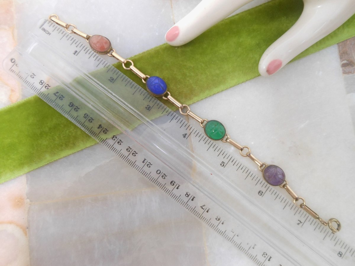 Vintage Egyptian Revival Carved Gemstone Scarab Bracelet Beetle GOLD Fill 12K GF Jewelry Gift Designer Mid Century, VivianJoel.com