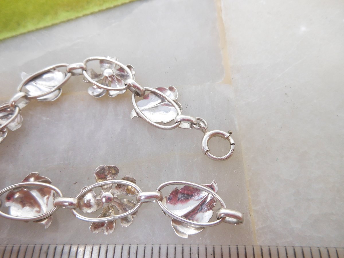 Vintage STERLING SILVER Bracelet Art Nouveau Link Flower Pansy Open Work Jewelry Mid Century Gift, VivianJoel.com