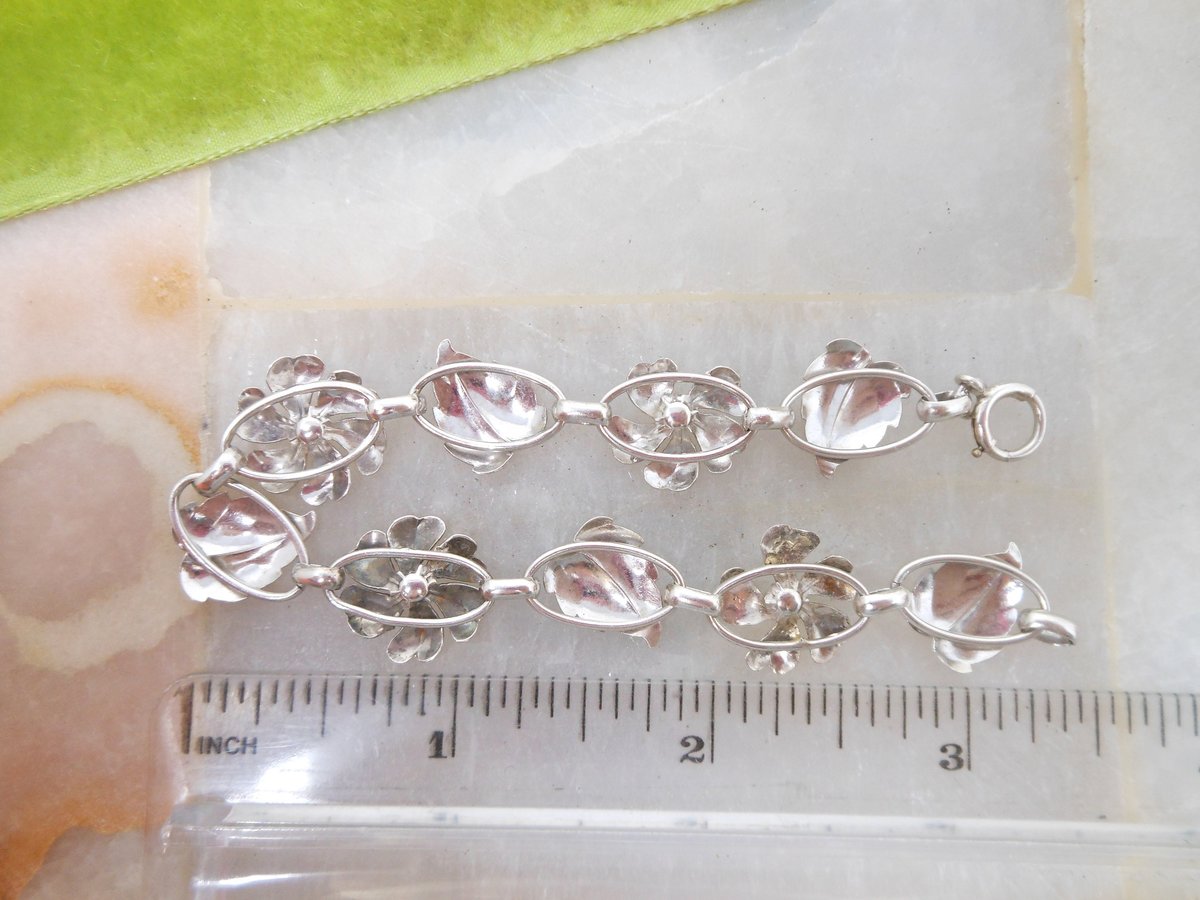 Vintage STERLING SILVER Bracelet Art Nouveau Link Flower Pansy Open Work Jewelry Mid Century Gift, VivianJoel.com