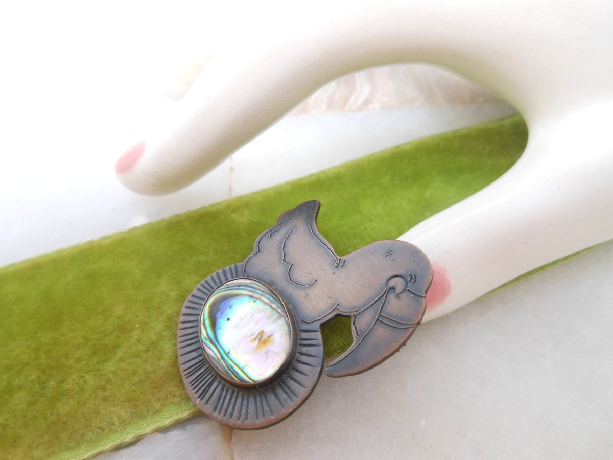 Vintage PAT GARRETT Bird Dodo Pin  Copper Abalone Brooch Handcraft Artisan 1981 Designer Gift Jewelry, VivianJoel.com