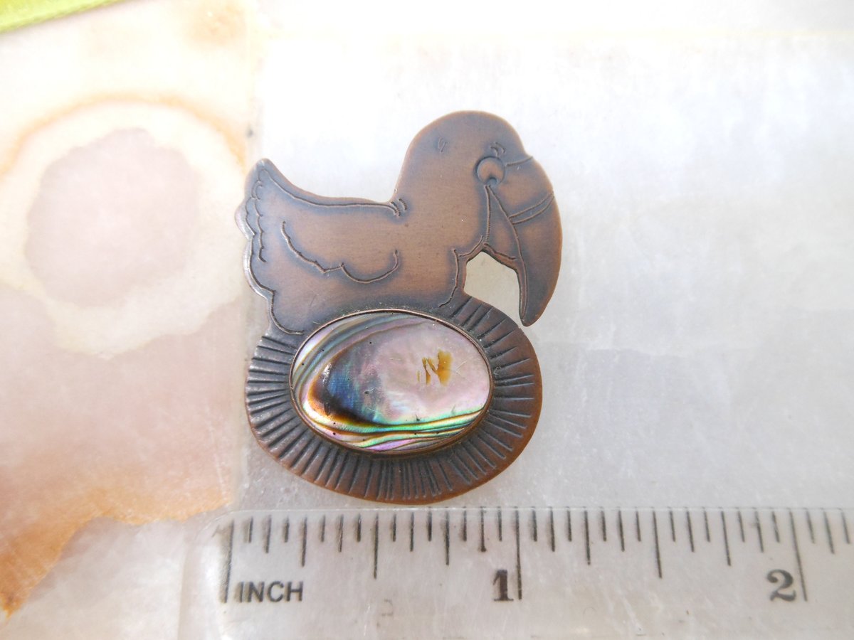 Vintage PAT GARRETT Bird Dodo Pin  Copper Abalone Brooch Handcraft Artisan 1981 Designer Gift Jewelry, VivianJoel.com