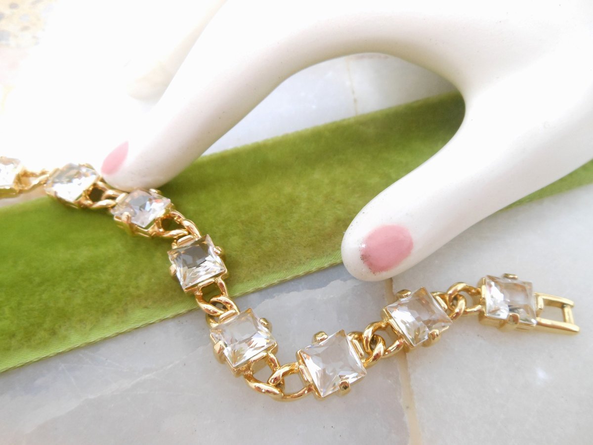 Vintage SWAROVSKI Crystal Bracelet Designer SWAN LOGO Gold Plate Faceted Clear Tennis Chain Link Jewelry Gift, VivianJoel.com
