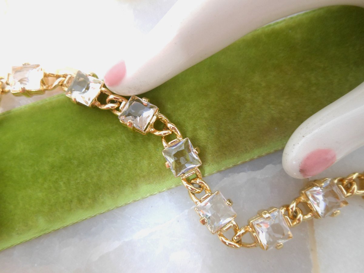 Vintage SWAROVSKI Crystal Bracelet Designer SWAN LOGO Gold Plate Faceted Clear Tennis Chain Link Jewelry Gift, VivianJoel.com