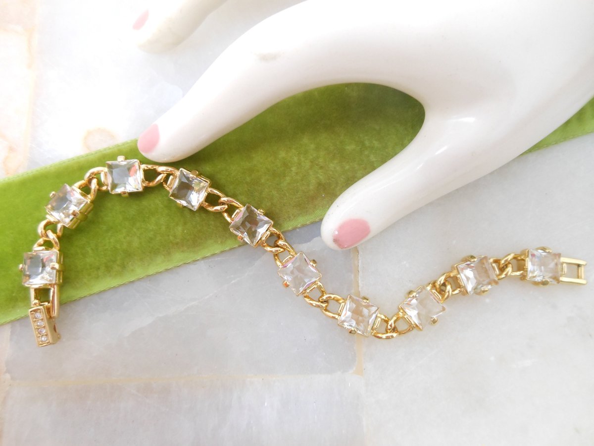 Vintage SWAROVSKI Crystal Bracelet Designer SWAN LOGO Gold Plate Faceted Clear Tennis Chain Link Jewelry Gift, VivianJoel.com