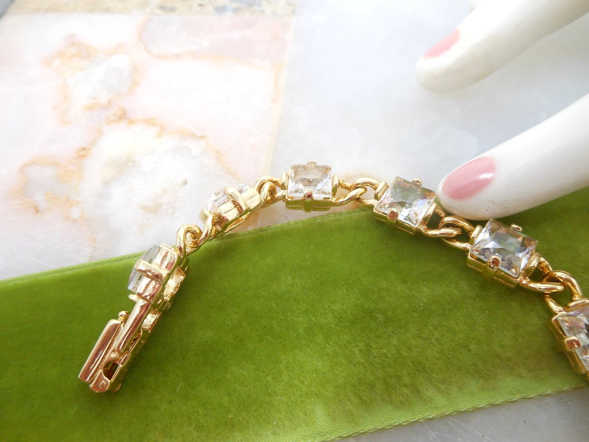 Vintage SWAROVSKI Crystal Bracelet Designer SWAN LOGO Gold Plate Faceted Clear Tennis Chain Link Jewelry Gift, VivianJoel.com