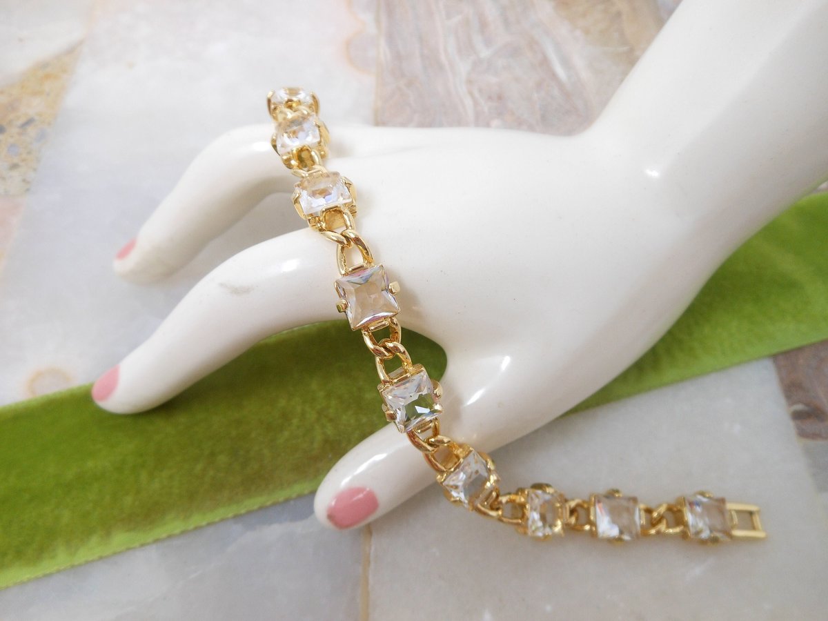 Vintage SWAROVSKI Crystal Bracelet Designer SWAN LOGO Gold Plate Faceted Clear Tennis Chain Link Jewelry Gift, VivianJoel.com