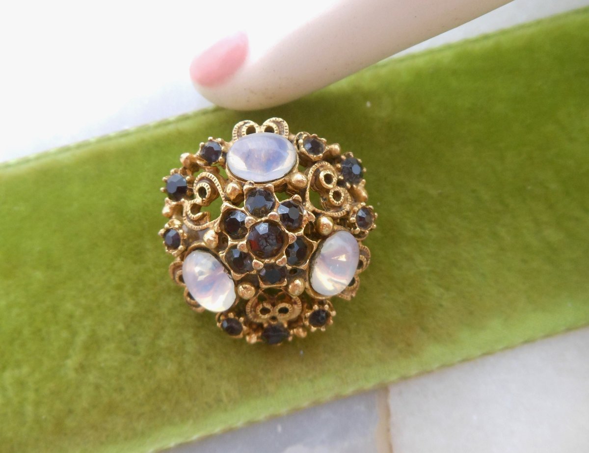 Vintage FLORENZA Brooch Opaline Glass Ruby Red Rhinestone Victorian Revival Pin PETITE Ornate Designer Mid Century Jewelry, VivianJoel.com