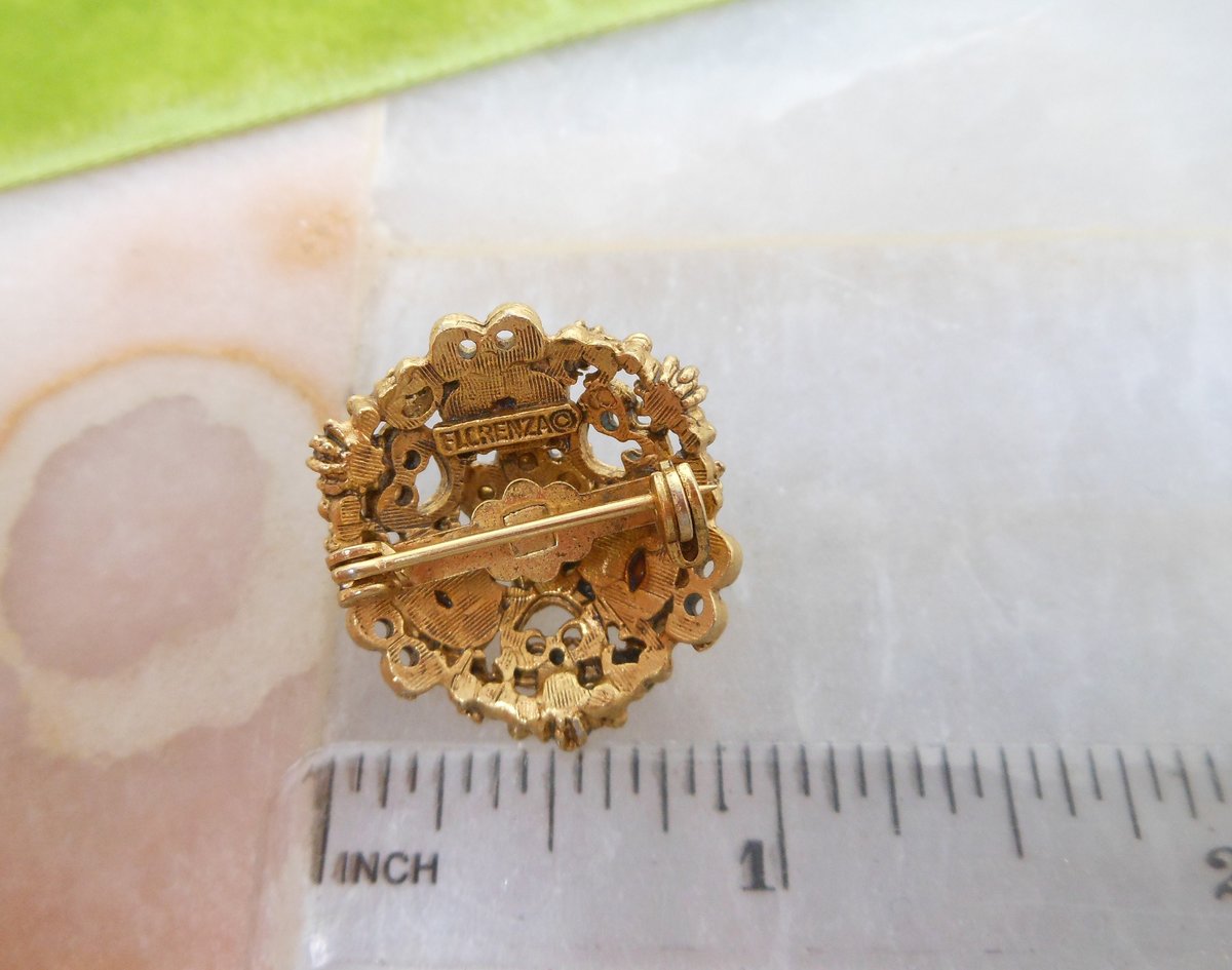 Vintage FLORENZA Brooch Opaline Glass Ruby Red Rhinestone Victorian Revival Pin PETITE Ornate Designer Mid Century Jewelry, VivianJoel.com