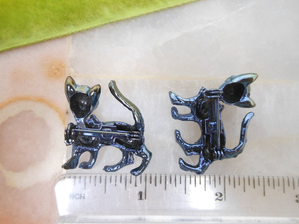 Vintage Cat Scatter Pin Pair Figural Brooch SET Luminous Enamel Pink Rhinestone Wiggle Head Kitty Jewelry Gift Mid Century, VivianJoel.com