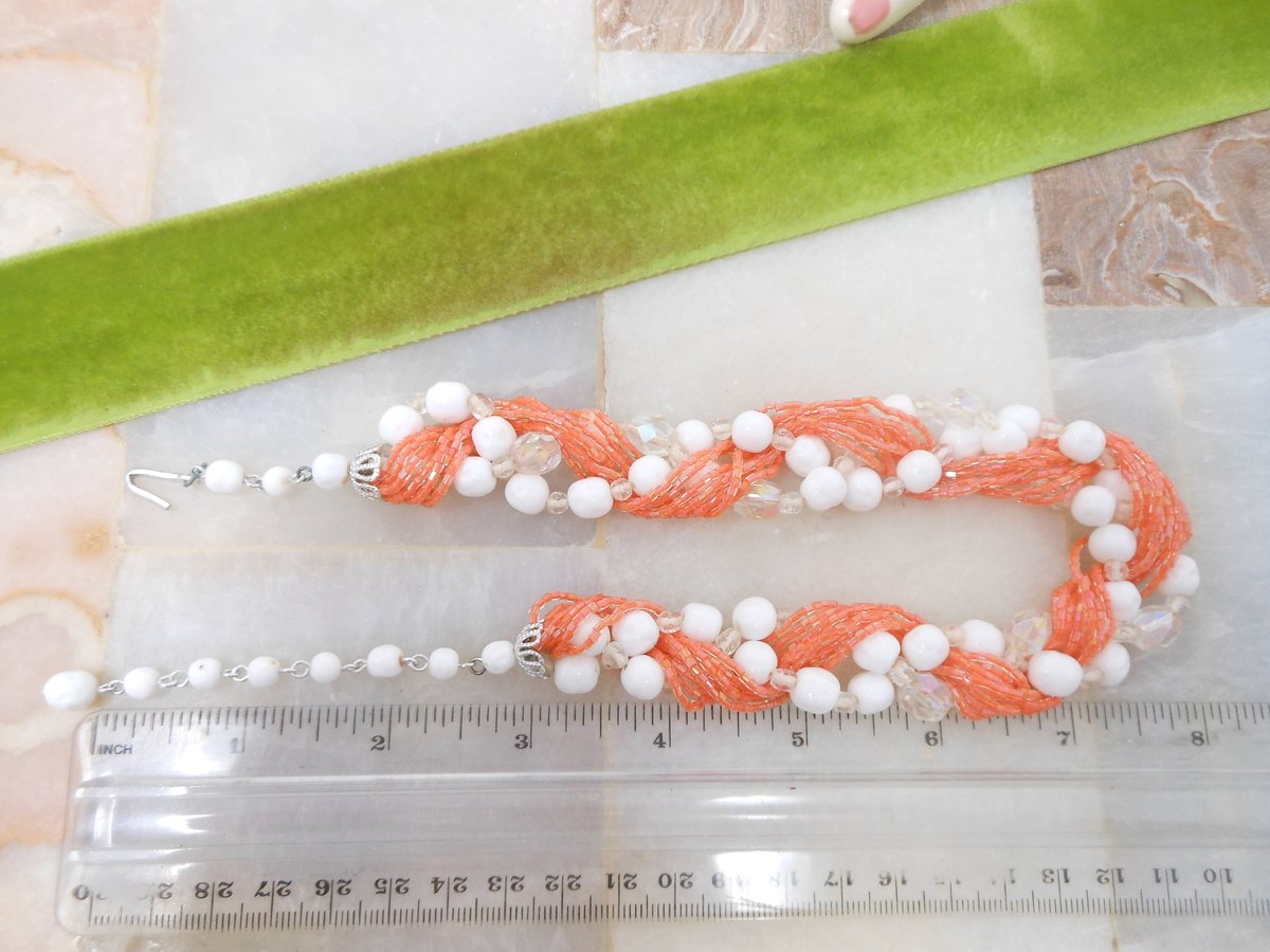 Milk Glass Bead Necklace Multi Strand Choker Collar Orange Bugle Bead Crystal Mid Century Jewelry Gift, VivianJoel.com