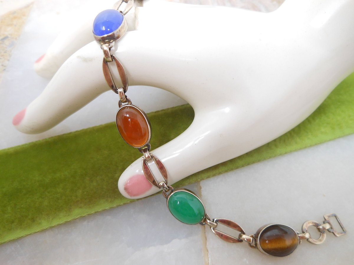 Vintage SYMMETALIC Bracelet STERLING SILVER Gemstone Link Tiger Eye Carnelian Chain Mid Century Designer Jewelry Gift, VivianJoel.com