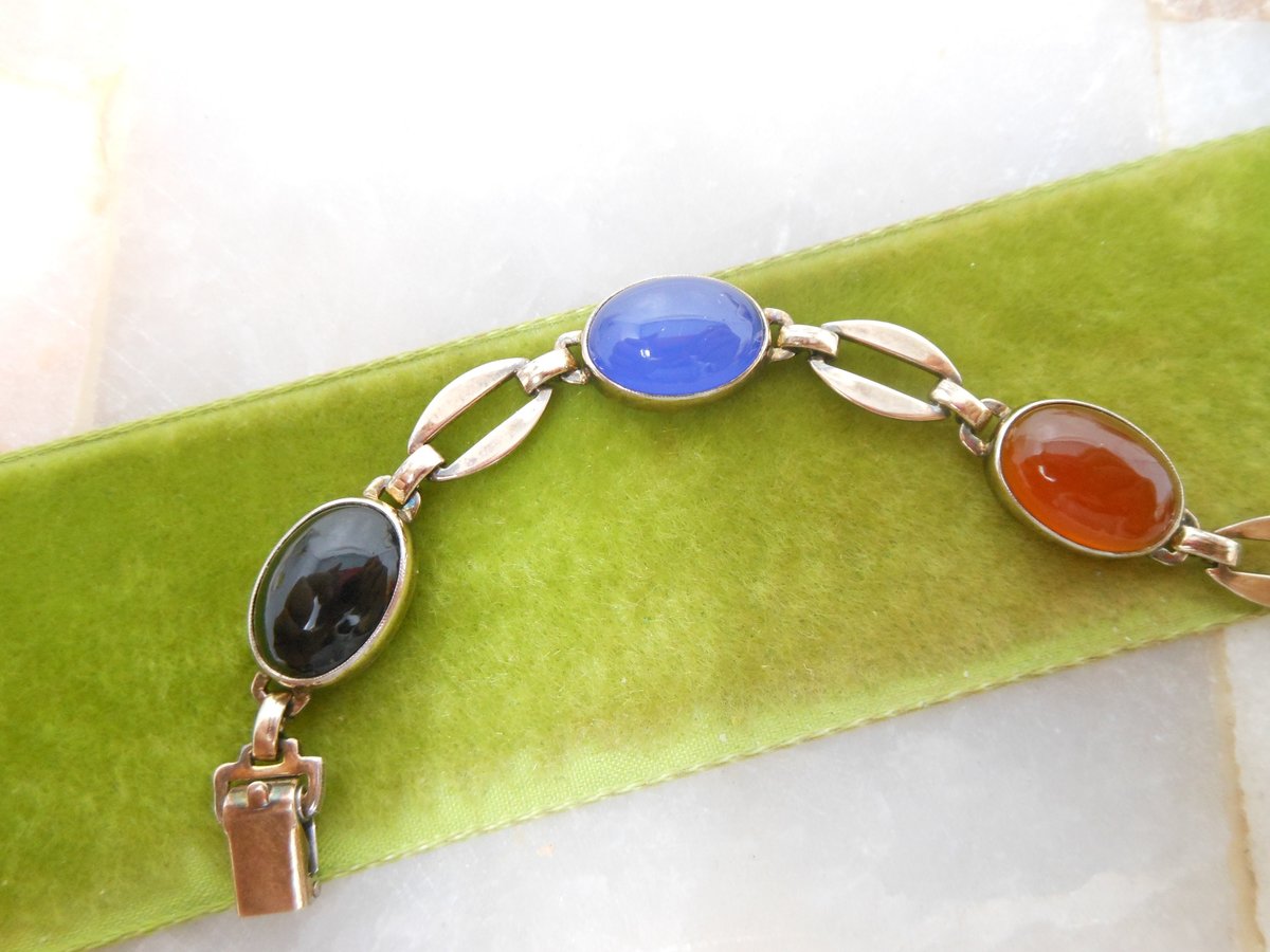 Vintage SYMMETALIC Bracelet STERLING SILVER Gemstone Link Tiger Eye Carnelian Chain Mid Century Designer Jewelry Gift, VivianJoel.com