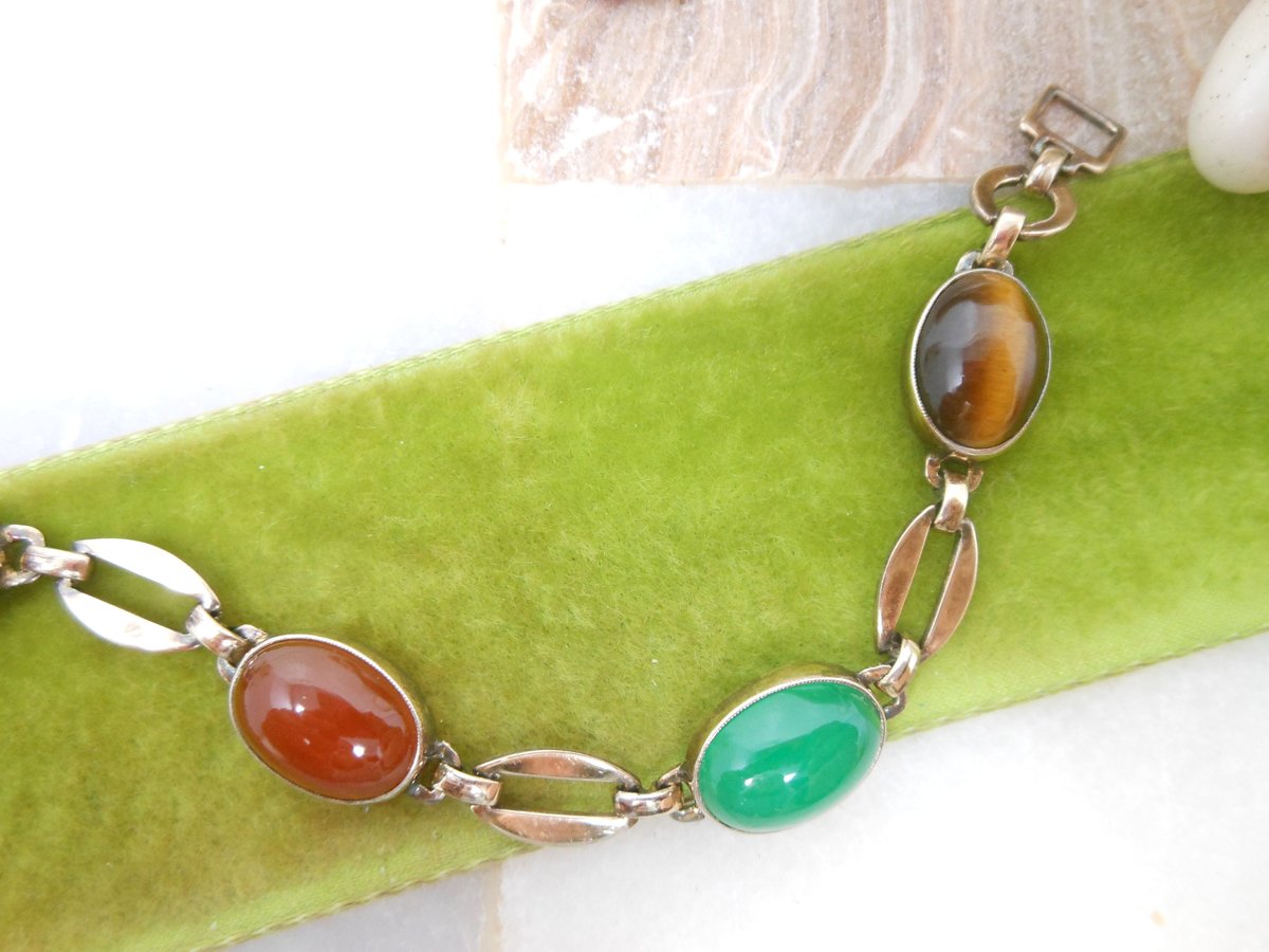 Vintage SYMMETALIC Bracelet STERLING SILVER Gemstone Link Tiger Eye Carnelian Chain Mid Century Designer Jewelry Gift, VivianJoel.com