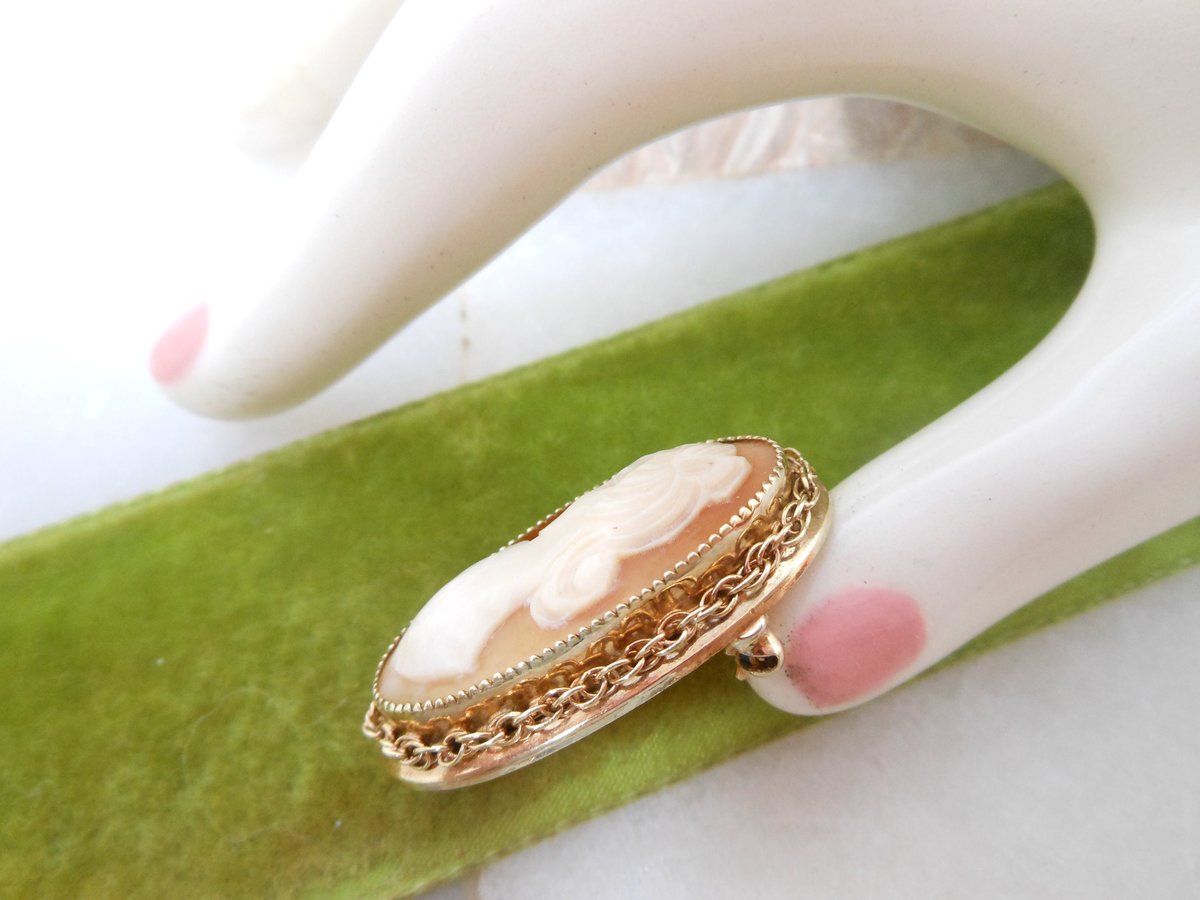 Vintage CATAMORE Cameo Brooch Chain Border Pin Gold Fill GF Designer Artisan Carved Mid Century Victorian Jewelry Gift, VivianJoel.com