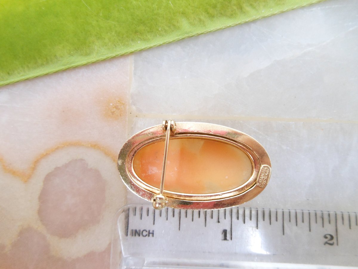 Vintage CATAMORE Cameo Brooch Chain Border Pin Gold Fill GF Designer Artisan Carved Mid Century Victorian Jewelry Gift, VivianJoel.com