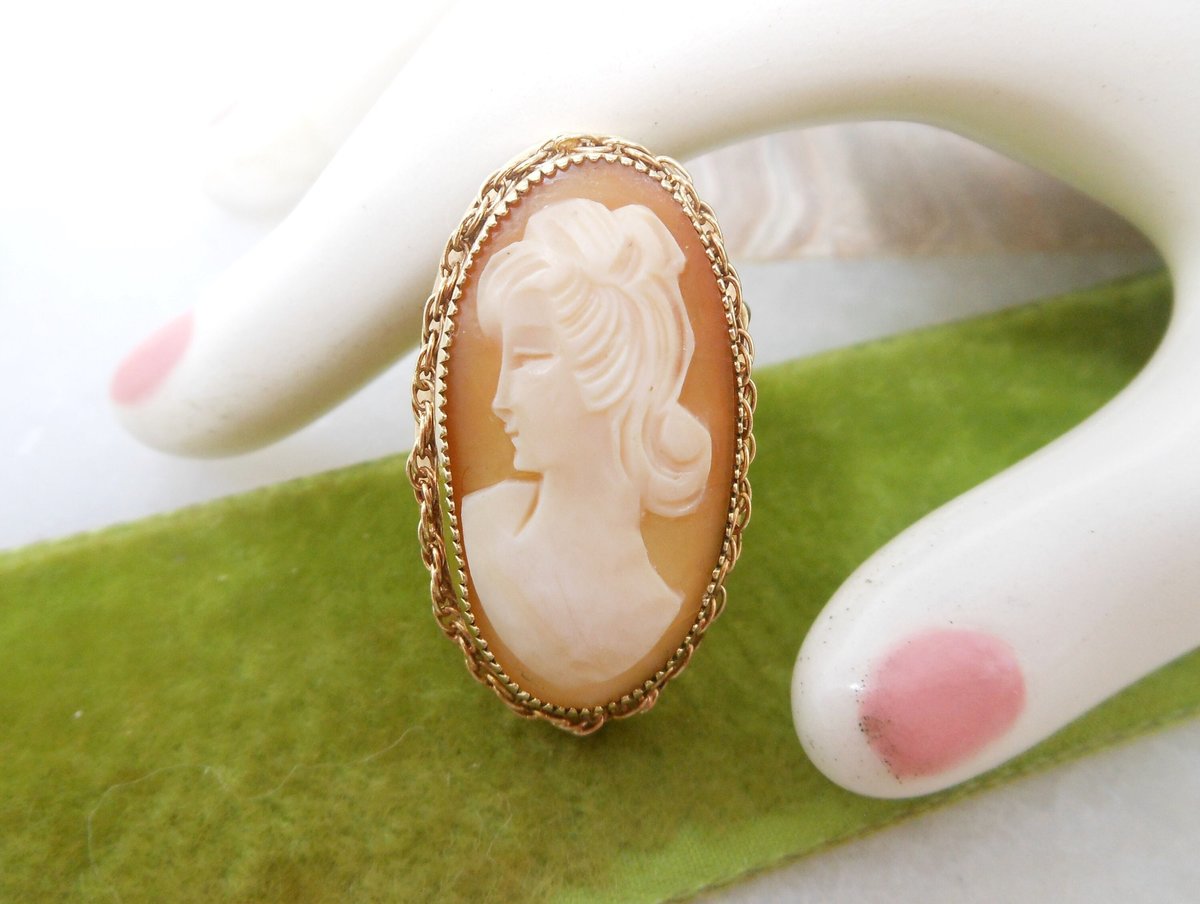 Vintage CATAMORE Cameo Brooch Chain Border Pin Gold Fill GF Designer Artisan Carved Mid Century Victorian Jewelry Gift, VivianJoel.com