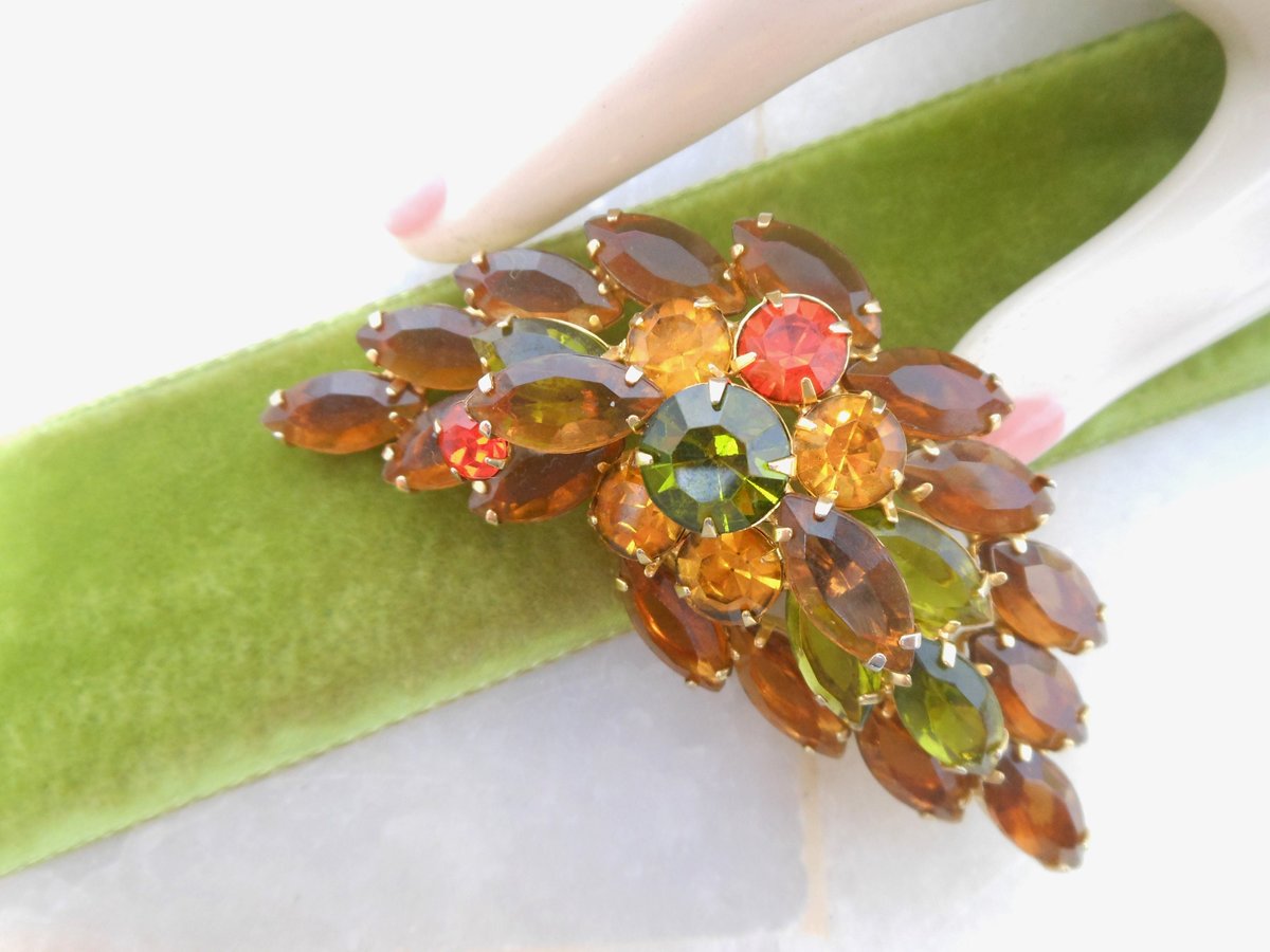 Vintage Topaz Rhinestone Brooch Flower Leaf Pin Open Back Layered Mid Century Jewelry Gift, VivianJoel.com