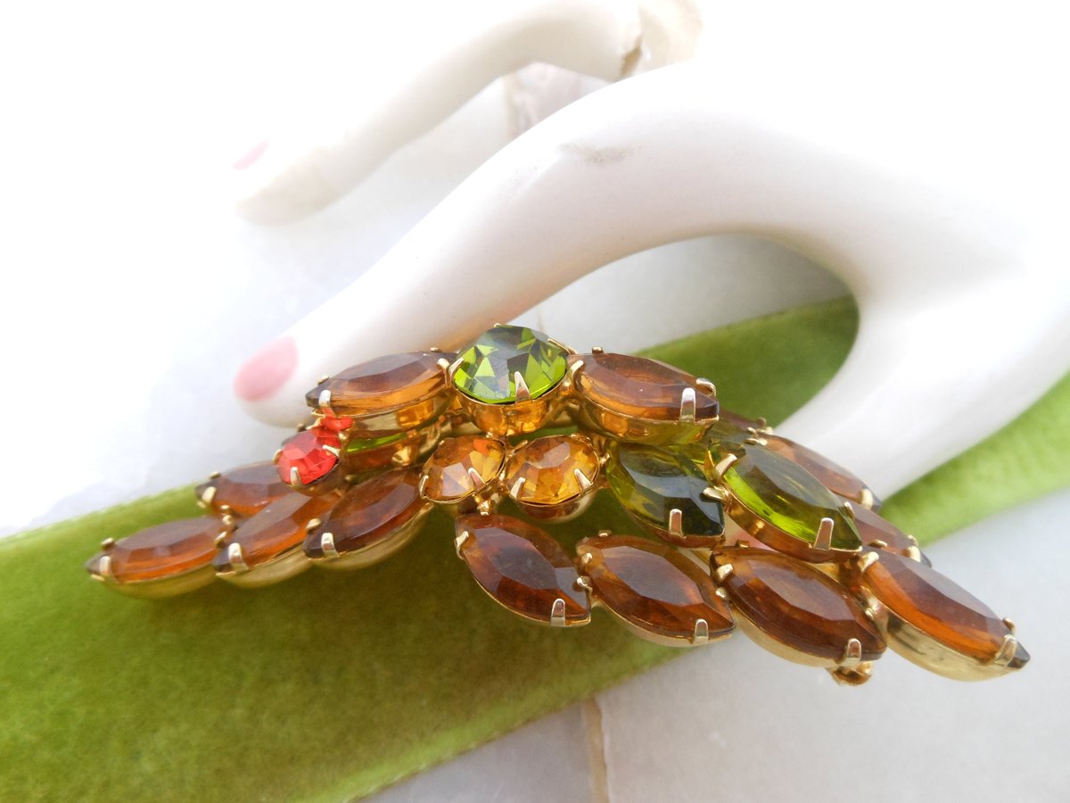 Vintage Topaz Rhinestone Brooch Flower Leaf Pin Open Back Layered Mid Century Jewelry Gift, VivianJoel.com