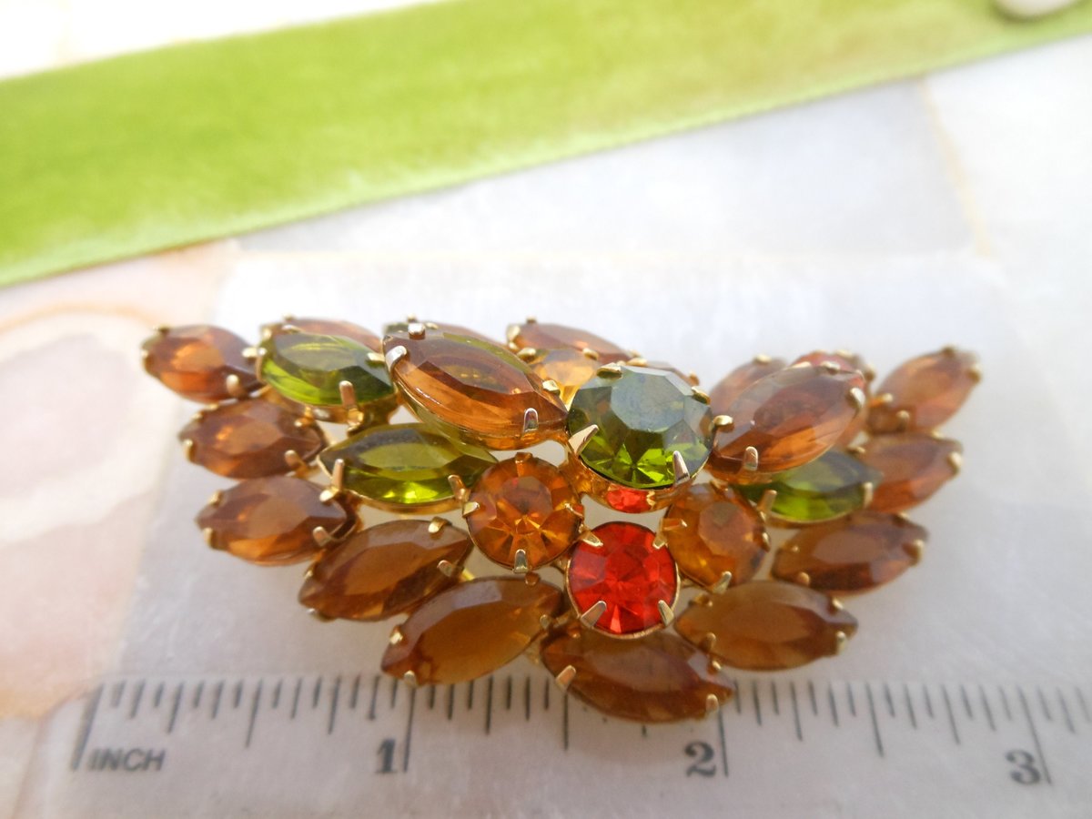 Vintage Topaz Rhinestone Brooch Flower Leaf Pin Open Back Layered Mid Century Jewelry Gift, VivianJoel.com