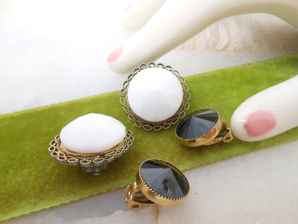 Vintage LOT 2 LEWIS SEGAL California White Black Milk Glass Earrings Clip On Filigree Designer Wedding Jewelry Mid Century, VivianJoel.com