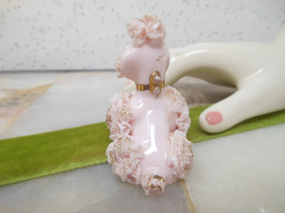 Vintage Pink Poodle Dog Japan Spaghetti Ceramic Porcelain Figurine Clutter Core Kitsch Decor Mid Century Gift *As Is*, VivianJoel.com