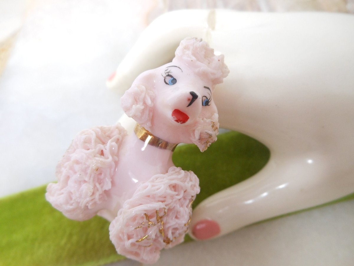 Vintage Pink Poodle Dog Japan Spaghetti Ceramic Porcelain Figurine Clutter Core Kitsch Decor Mid Century Gift *As Is*, VivianJoel.com