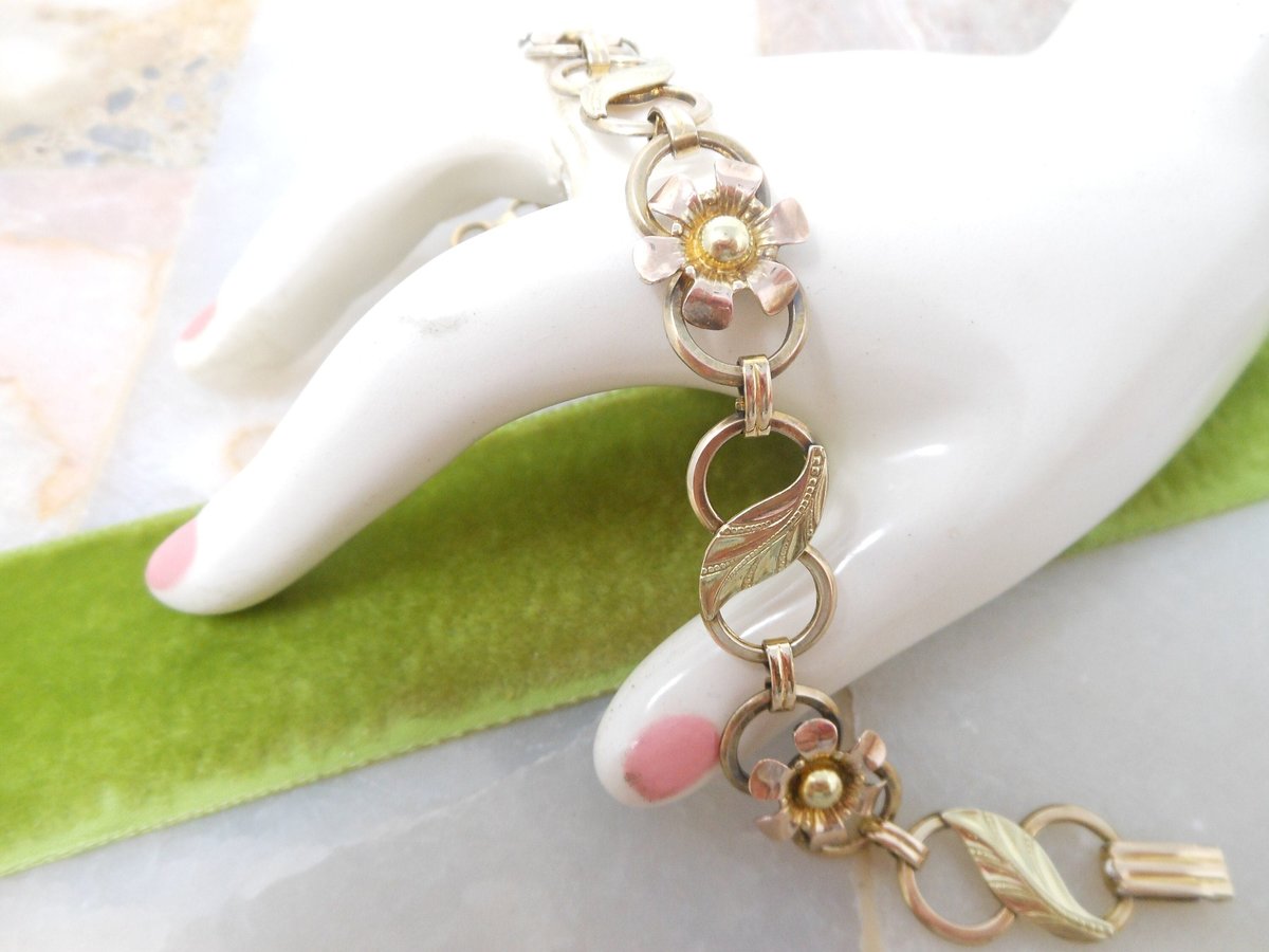 Vintage VAN DELL Sterling Silver Bracelet Gold Fill Minimalist 12K GF Flower Open Link Chain Designer Jewelry Mid Century, VivianJoel.com