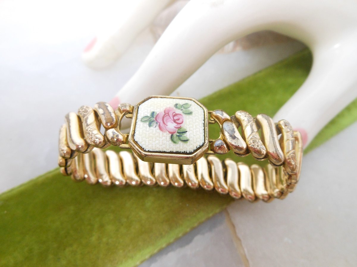Vintage Antique Sweetheart Bracelet Pink Enamel Guilloche Expansion Cuff Gold Fill GF Victorian Jewelry, VivianJoel.com