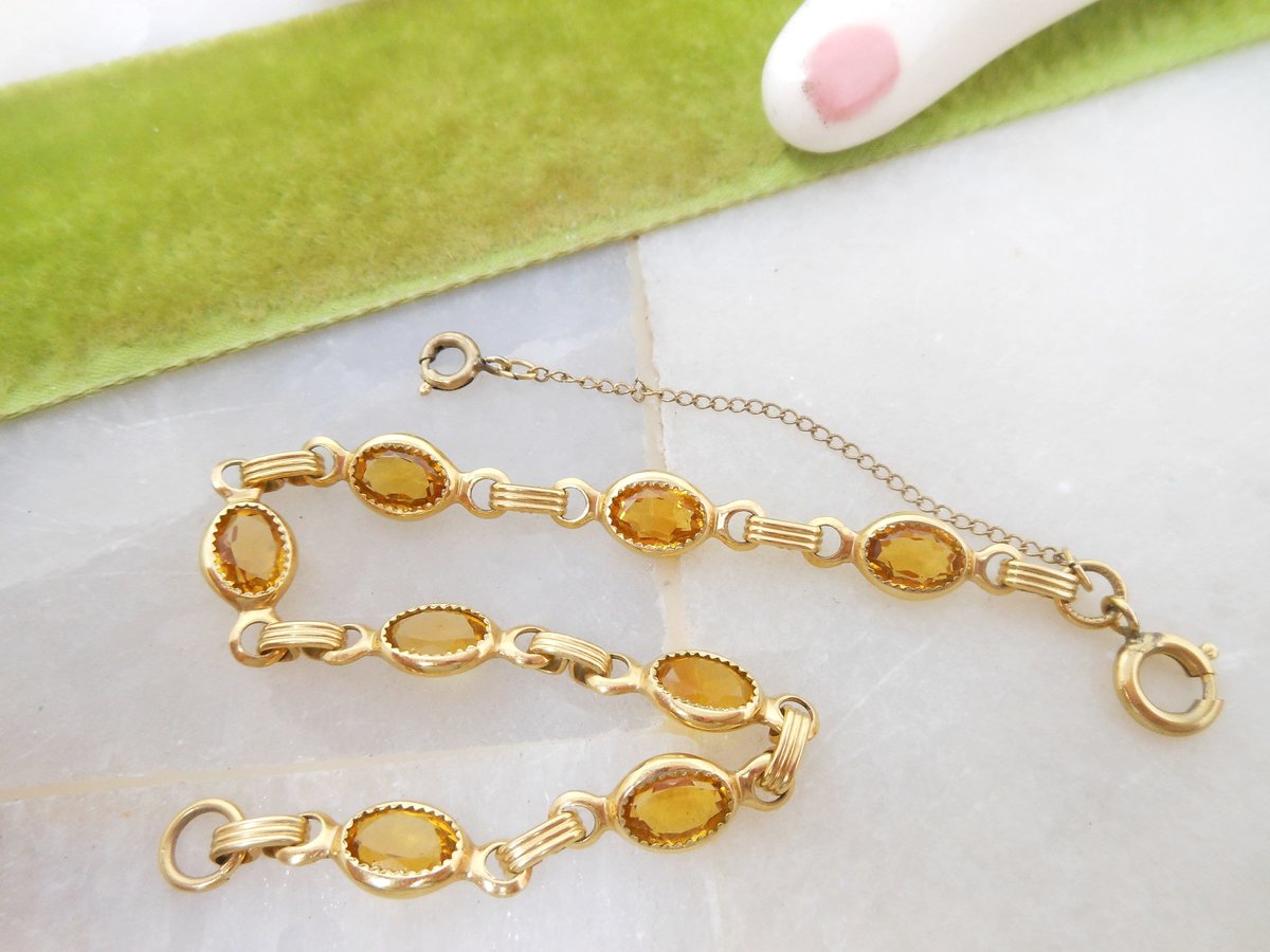 Vintage DANECRAFT Gold FILL Crystal Bracelet Link GF Skinny Bezel Setting Honey Topaz Designer Jewelry Mid Century Gift, VivianJoel.com