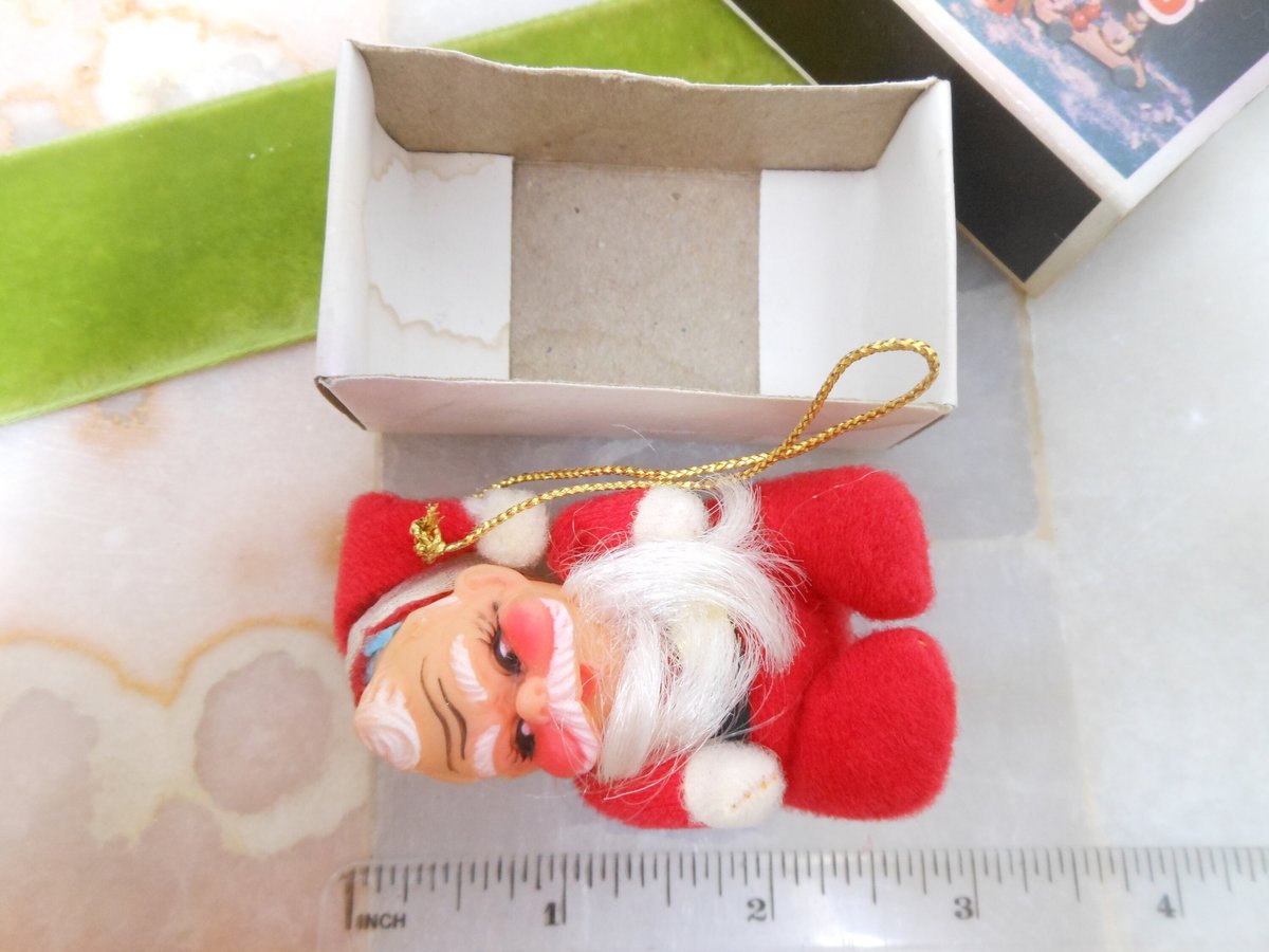 Vintage Santa Ornament Matchbox Christmas Rubber Face Doll Miniature Kitschmas Kitsch HONG KONG Mid Century Gift, VivianJoel.com