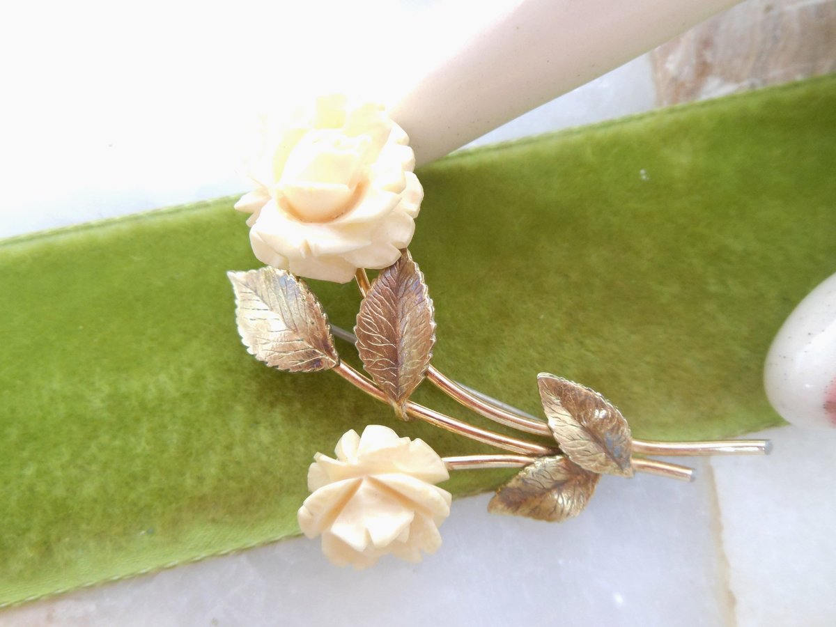Vintage KREMENTZ Carved Rose Brooch Gold Overlay Flower Pin Designer Mid Century Jewelry Gift, VivianJoel.com