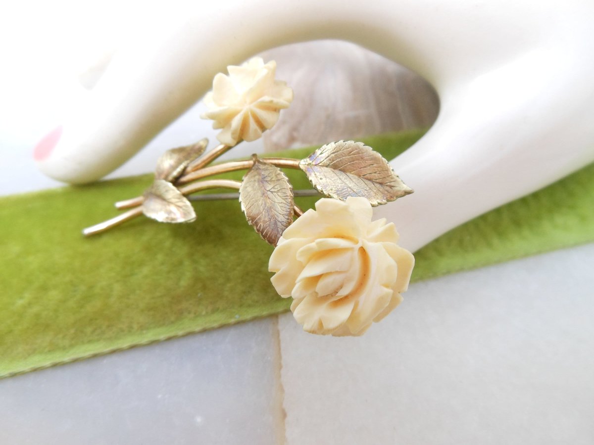 Vintage KREMENTZ Carved Rose Brooch Gold Overlay Flower Pin Designer Mid Century Jewelry Gift, VivianJoel.com