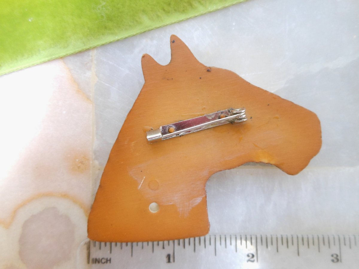 Vintage Horse Head Brooch Equestrian Pin Celluloid Old Plastic Figural Carved Bakelite ERA Mid Century Jewelry, VivianJoel.com