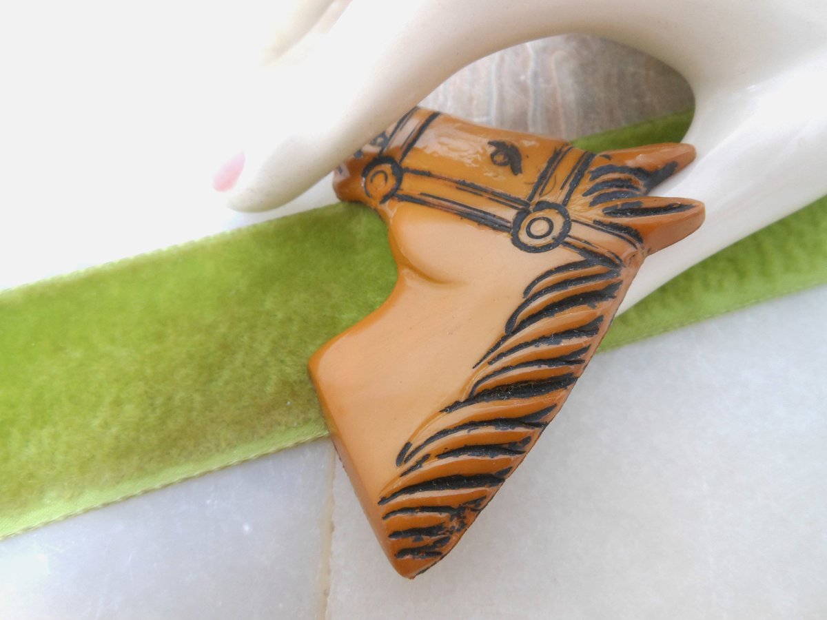 Vintage Horse Head Brooch Equestrian Pin Celluloid Old Plastic Figural Carved Bakelite ERA Mid Century Jewelry, VivianJoel.com