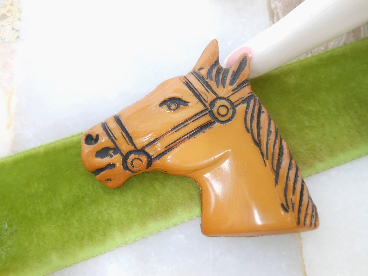 Vintage Horse Head Brooch Equestrian Pin Celluloid Old Plastic Figural Carved Bakelite ERA Mid Century Jewelry, VivianJoel.com
