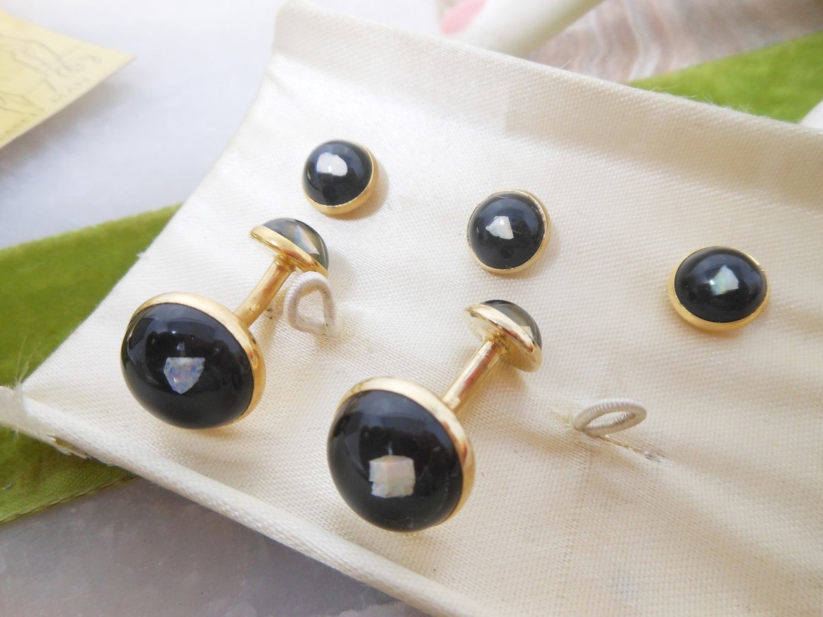 Vintage ANSON Tuxedo Set Floating Opal Stud Cufflink Cuff Links Gold Plate Original Box Mid Century Designer Gift,  VivianJoel.com