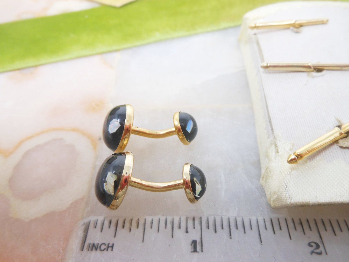 Vintage ANSON Tuxedo Set Floating Opal Stud Cufflink Cuff Links Gold Plate Original Box Mid Century Designer Gift,  VivianJoel.com