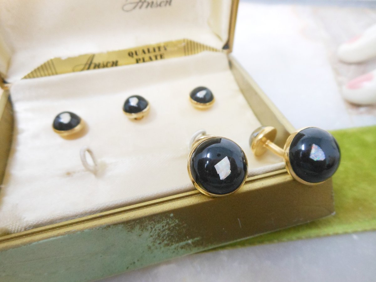 Vintage ANSON Tuxedo Set Floating Opal Stud Cufflink Cuff Links Gold Plate Original Box Mid Century Designer Gift,  VivianJoel.com