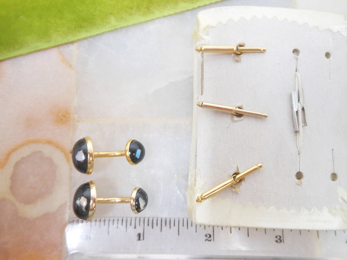 Vintage ANSON Tuxedo Set Floating Opal Stud Cufflink Cuff Links Gold Plate Original Box Mid Century Designer Gift,  VivianJoel.com