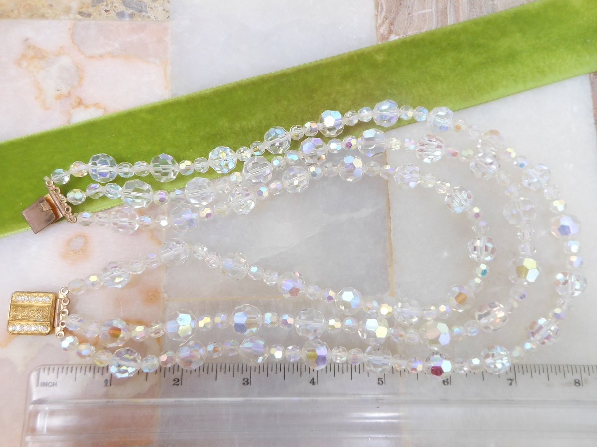 Vintage Art Deco Crystal Bead Necklace Aurora Borealis 3 Strand Collar Graduated Bib Stunner Sparkler Mid Century Jewelry, VivianJoel.com