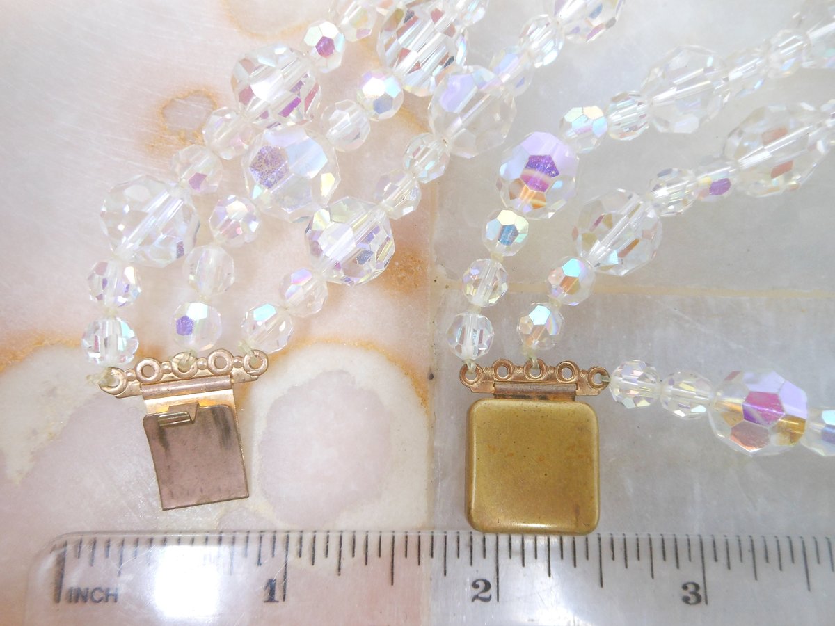 Vintage Art Deco Crystal Bead Necklace Aurora Borealis 3 Strand Collar Graduated Bib Stunner Sparkler Mid Century Jewelry, VivianJoel.com