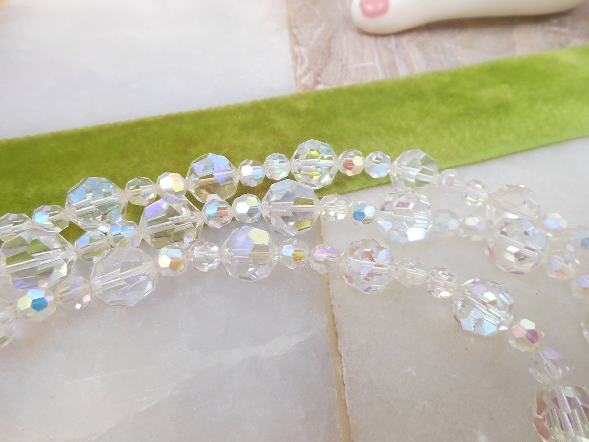 Vintage Art Deco Crystal Bead Necklace Aurora Borealis 3 Strand Collar Graduated Bib Stunner Sparkler Mid Century Jewelry, VivianJoel.com