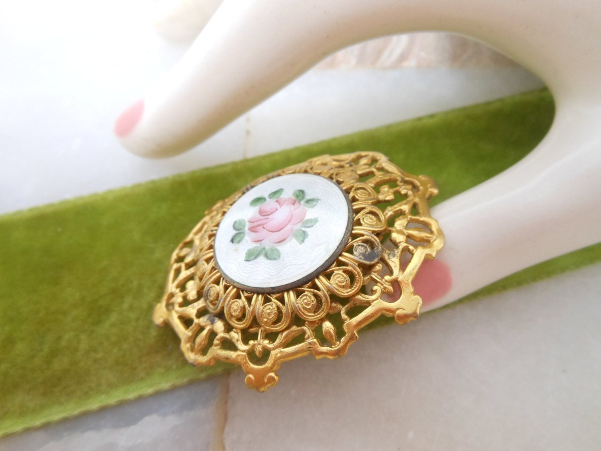 Vintage Pink Rose Brooch Enamel Guilloche Flower Pin Ornate Gold Plate Regency Victorian Revival Jewelry Gift Mid Century, VivianJoel.com