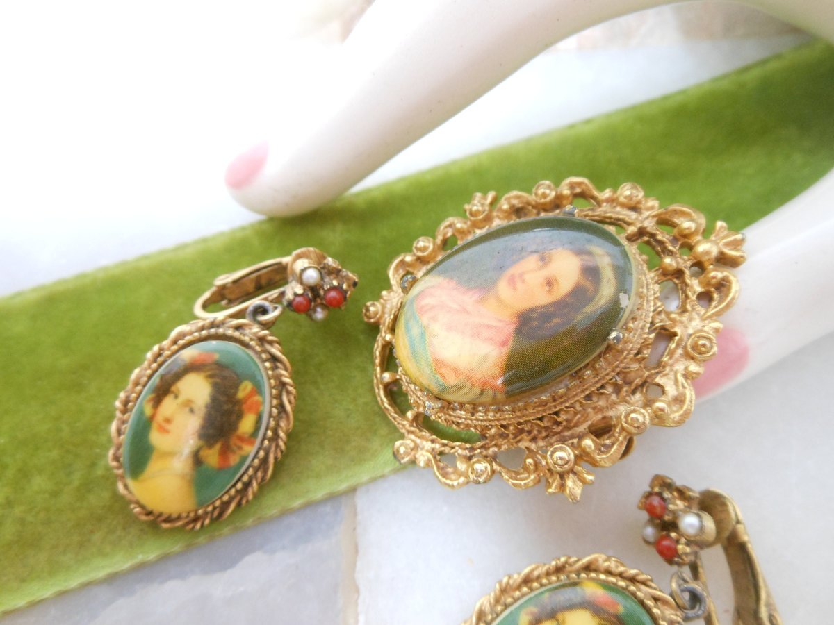 Vintage Victorian Revival Brooch Earrings Set Cameo Dangle Drop Clip On Ornate Jewelry Mid Century Gift, VivianJoel.com