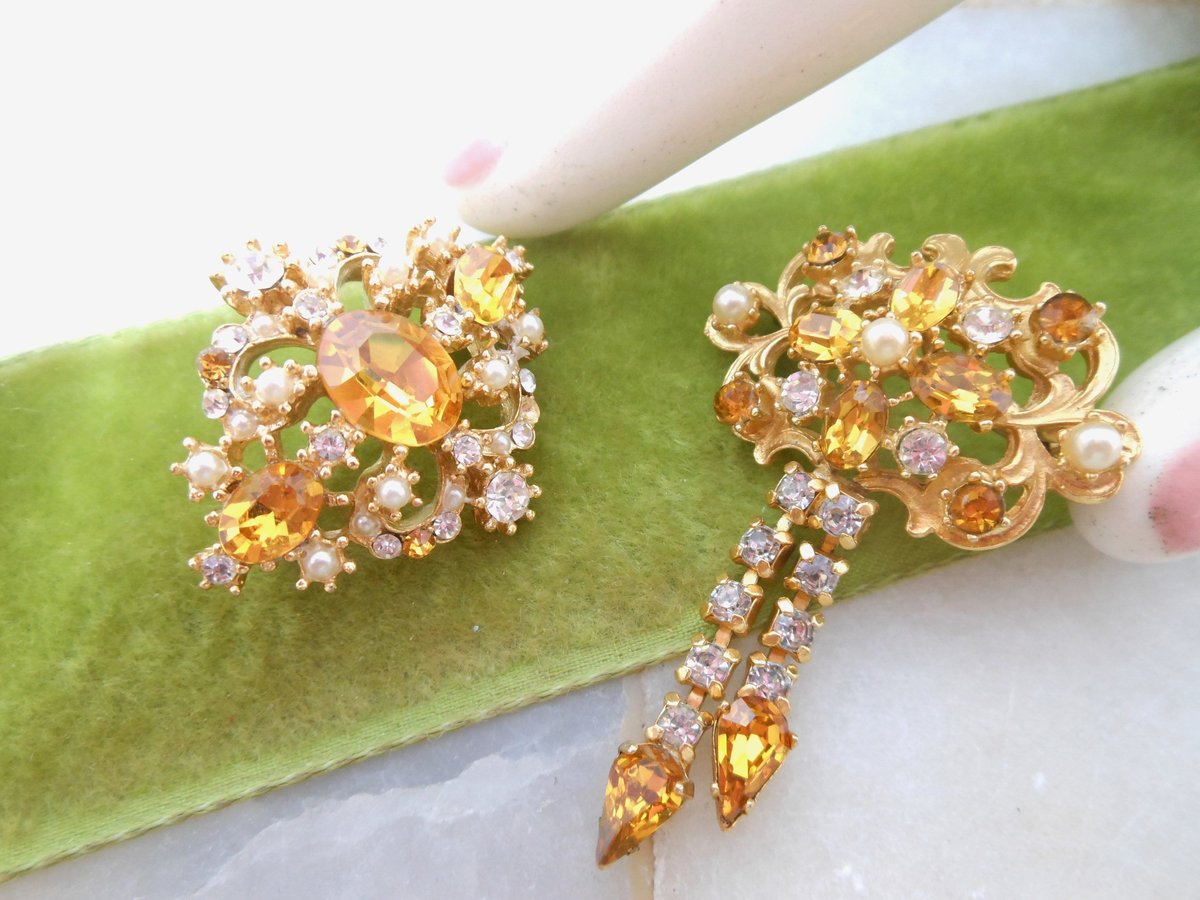 Vintage LOT 2 Victorian Revival Brooch Ornate Rhinestone Pearl Topaz Pin Gold Plate Mid Century Jewelry Gift, VivianJoel.com