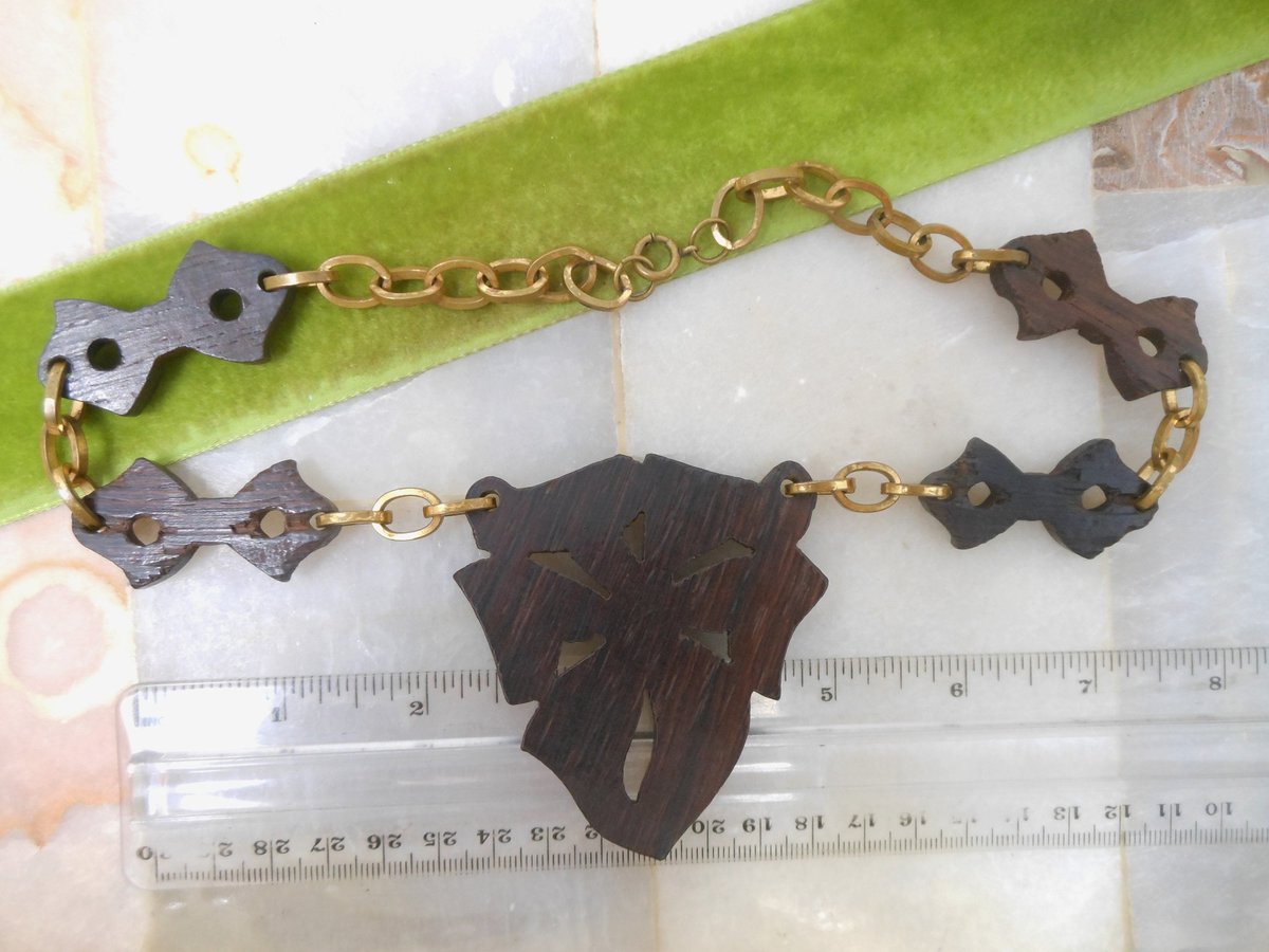 Vintage Carved Wood Necklace Huge Flower Pendant Bow Link Hand Made Artisan Folk Art Jewelry Gift Mid Century, VivianJoel.com